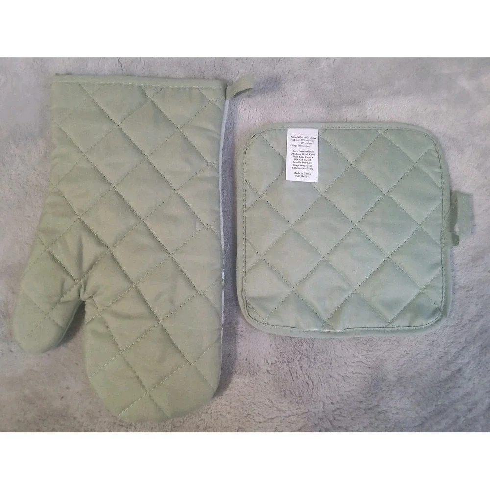 8 Pc Kitchen Set Rose Green‎ Cotton Absorbent Towels Pot Holder Oven Mitt READ